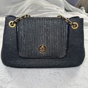 Barneys  New York Black 100% Wheat Straw Braided Shoulder Bag with Gold Hardware